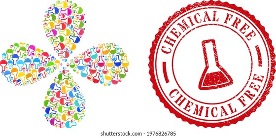 Flask colorful swirl flower with 4 petals, and red round CHEMICAL FREE scratched stamp print. Flask symbol inside round stamp print. Element flower with 4 petals designed from scattered flask items.