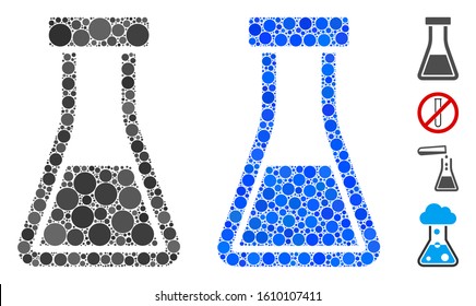 Flask composition of spheric dots in different sizes and color tinges, based on flask icon. Vector random circles are united into blue composition. Dotted flask icon in usual and blue versions.