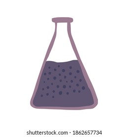 Flask conical isolated on white background. Abstract medical equipment purple color in doodle style vector illustration.