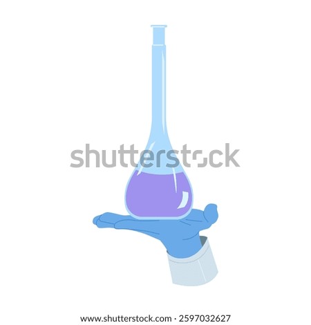 A flask containing a vibrant bluepurple liquid, perfect for themes focused on science and chemistry exploration