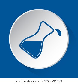 flask with a drop, simple blue icon on white button with shadow in front of blue square background