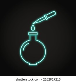 Icono de frasco y neón cuentagotas en estilo de línea. Vial y pipeta con líquido cefalorante. Equipo químico o médico. Ilustración vectorial.