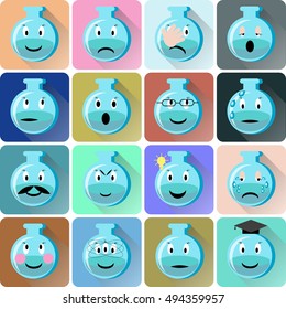 Flask emoticons icons set. Set of flasks emoji. Science/ chemistry smiley set. Flat vector illustration with long shadow.