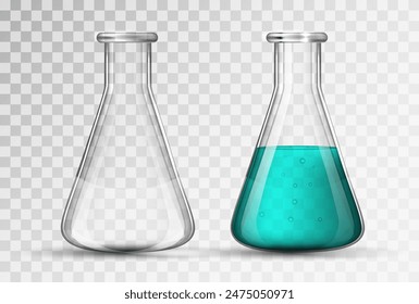 A flask for experiments is empty and with liquid on a transparent background. Vector illustration