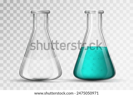 A flask for experiments is empty and with liquid on a transparent background. Vector illustration