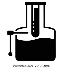 Flask filled with liquid containing a tube with markings is visible, offering science or chemistry icon on a white background, it's ideal for scientific visuals.