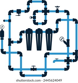 Flask filters and water pipe system. Design banner background for plumbing work