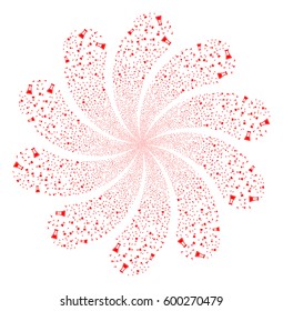 Flask fireworks swirl flower with ten petals. Vector illustration style is flat red scattered symbols. Object whirl organized from random pictographs.
