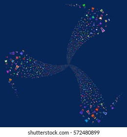 Flask fireworks swirl rotation. Vector illustration style is flat bright multicolored iconic symbols on a blue background. Object twirl combined from random icons.
