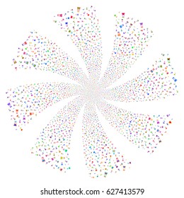 Flask fireworks swirl rotation. Vector illustration style is flat bright multicolored iconic symbols on a white background. Object whirlpool made from random pictographs.