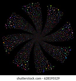 Flask fireworks swirl rotation. Vector illustration style is flat bright multicolored iconic symbols on a black background. Object whirlpool constructed from random design elements.