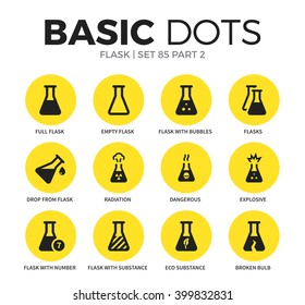 Flask flat icons set with empty flask, flask with bubbles and eco substance isolated vector illustration on white