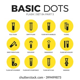 Flask flat icons set with full flask, explosive and dangerous isolated vector illustration on white