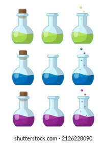 Der Kolben ist flach, geeignet für das Thema Medizin, Spiele, Alchemie. Im flachen Stil, Vektorgrafik