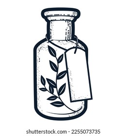 Flask with flower elixir, vial with twig and tag, old potion bottle, drug, vector