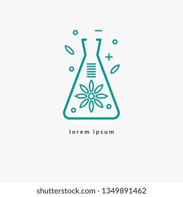 Flask with flower, icon of organic cosmetics, logo of natural product, science and nature. Vector illustration