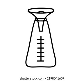 Flask with a funnel, chemical glassware for solutions, freehand drawing, with a black outline, on a transparent background