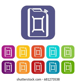 Flask for gasoline icons set vector illustration in flat style in colors red, blue, green, and other
