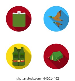 Flask, gilet with cartridges, flying ducks, tent.Hunting set collection icons in flat style vector symbol stock illustration web.