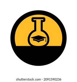 Flask and graduation cap, black and yellow colors, round sign a white background, vector illustration