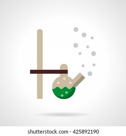 Flask with green liquid on a rack. Equipment biotechnological laboratory for science, education and industry. Flat style color vector icon
