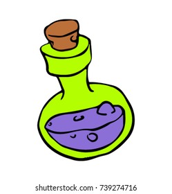 Flask with green potion. Mobile game icon, chemistry potion.