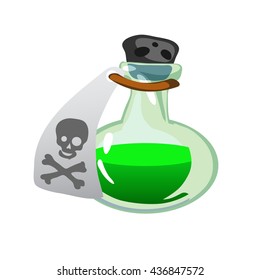 Flask with green toxic liquid isolated on a white background. Vector cartoon close-up illustration