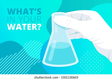 Flask in hand in plastic glove with text What is in your water on gradient fluid background. Water analysis, science laboratory research and development concept. Flat vector illustration