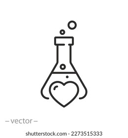 matraz con icono cardíaco, química del amor, tubo de prueba romántico, símbolo de línea delgada sobre fondo blanco - ilustración del vector de trazo editable eps10