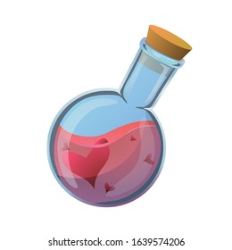 Flask with hearts icon in flat style isolated on white background. Love elixir logo. Vector illustration.