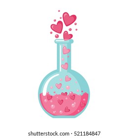 Flask with hearts icon in flat style isolated on white background. Love elixir logo. Vector illustration.