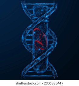 Flask with a human embryo in the center of a DNA spiral. Low-poly design of interconnected lines and dots. Blue background.