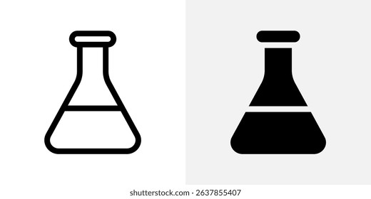 Flask icon. Chemistry laboratory glassware with wide bottom and narrow neck vector illustration. Used for science experiments, research and school studies symbol. Scientific tool pictogram.