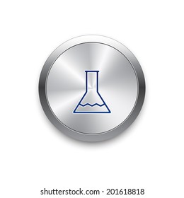 Flask icon on metal button. Vector background. 