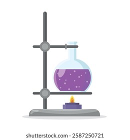 Flask icon with reagent. Reaction when flask is heated. Chemical experiment. Analysis.