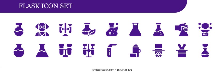 flask icon set. 18 filled flask icons.  Simple modern icons such as: Flask, Mad scientist, Test tubes, Chemical reaction, Flasks, Test tube, Chemistry, Thermo, Magician