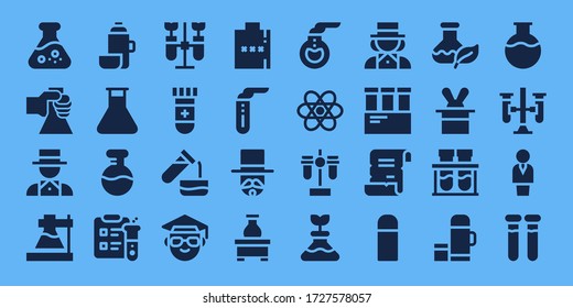 flask icon set. 32 filled flask icons. on blue background style Simple modern icons such as: Flask, Magician, Thermo, Science, Chemistry, Blood test, Test tube, Scientist, Hip