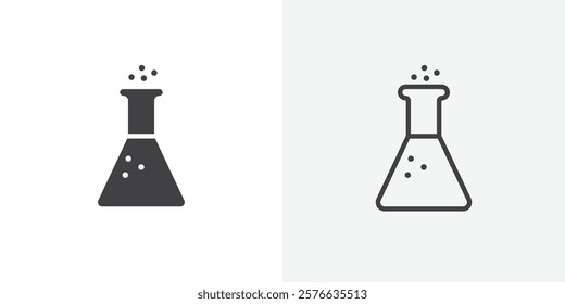 Flask icon set in black flat solid and outlined style.