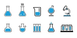 Flask Icon Set. Scientific Chemical Blue Flask Icon set for Laboratory Research, Scientific Experiments, Microscope and Educational Materials. Laboratory glassware symbol Icon Set.