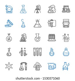 flask icons set. Collection of flask with beaker, science, potion, test tube, love potion, magician, test tubes. Editable and scalable flask icons.