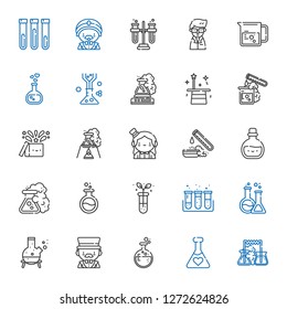 flask icons set. Collection of flask with potion, magician, test tube, magic, love potion, beaker, scientist, tubes. Editable and scalable flask icons.