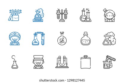 flask icons set. Collection of flask with test tube, hip flask, magician, potion, tubes, magic. Editable and scalable icons.