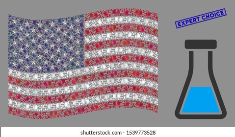 Flask items are grouped into USA flag collage with blue rectangle grunge stamp seal of Expert Choice phrase. Vector collage of USA waving official flag is created with flask items.