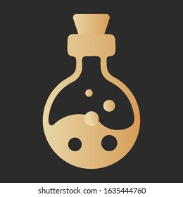 Flask or jar with bubbles holding chemicals or poison. Poison bottle. Golden tube with liquid. Chemistry beaker. Black and golden icon. Vector illustration on black background.