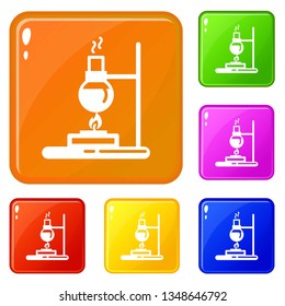 Flask lab burner icons set collection vector 6 color isolated on white background
