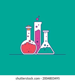 Flask laboratory glass icon flat design. Test tube concept vector sign. Chemistry beakers with Erlenmeyer flask and test tube holding chemicals flat vector icon for science apps and websites
