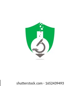 Flask Laboratory Glass Icon Vector Logo Template Illustration Design. laboratory logo. laboratory microscope shield shape concept logo. lab beaker and microscope logo.	