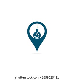 Flask Laboratory Glass map pin shape concept logo. laboratory logo. laboratory microscope logo. lab beaker and microscope logo.	
