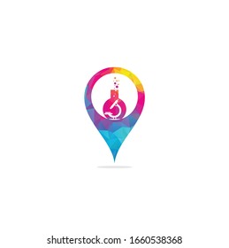 Flask Laboratory Glass map pin shape concept logo. laboratory logo. laboratory microscope logo. lab beaker and microscope logo.	
