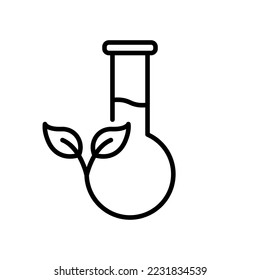 Flask with Leaf Equipment for Chemical Science Line Icon. Biology Plant Research Experiment in Laboratory Pictogram. Organic Scientific Lab Outline Icon. Editable Stroke. Isolated Vector Illustration.